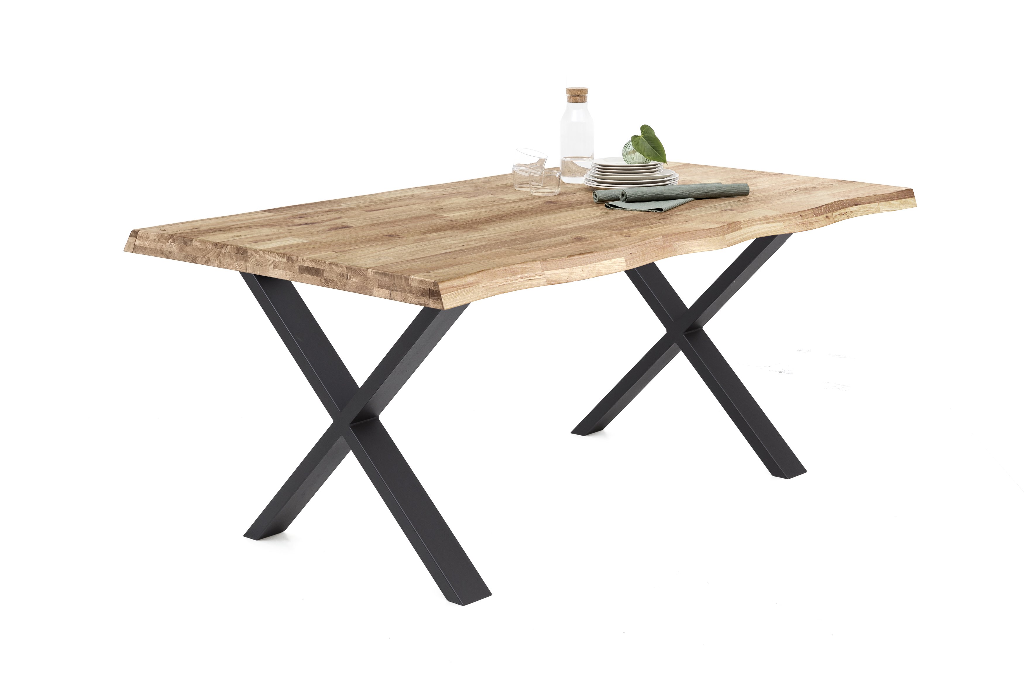 Elfo Möbel Esstisch Eiche geölt Durchg. Lamelle mit Baumkante , Gestell: X-Fuß Schwarz , 240 x 100 cm , Walton S1002524 + S3000TXS