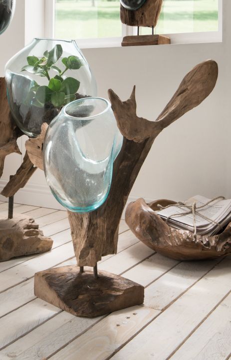 Unikat Deko Glas hoch Drop auf einer Teak-Wurzel 45 x 50 cm